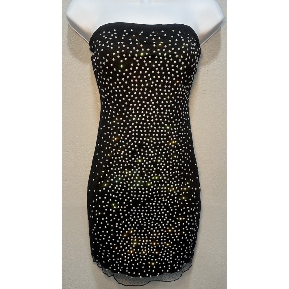 Fashion Nova Mini Dress Women's Size Small Black Mesh Embellished Metallic Y2K